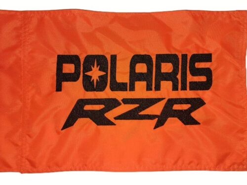 Polaris RZR safety flag with embroidered black stacked block lettering on safety orange nylon rectangle with whip sleeve