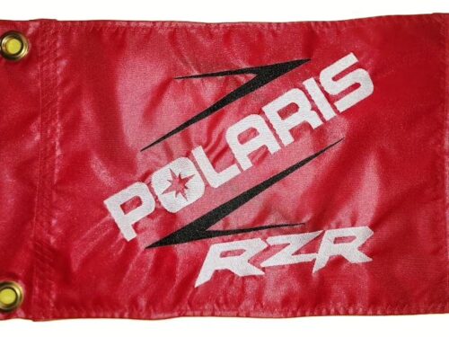 Polaris RZR safety flag with embroidered white lettering and black Z slash on red nylon rectangle with brass grommets