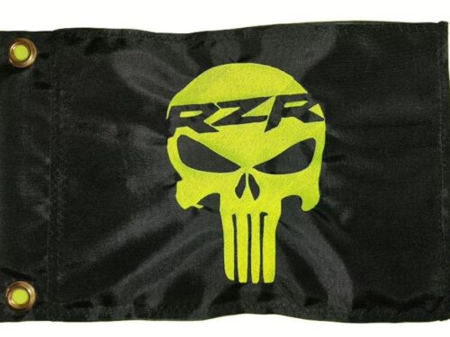 RZR Punisher safety flag with dense embroidered lime squeeze punisher skull graphic on black nylon rectangle with solid brass grommets