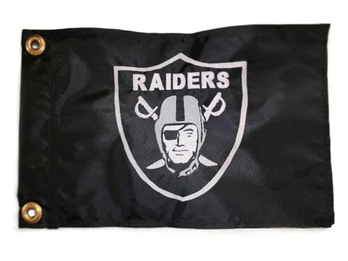 Raiders shield safety flag with double sided embroidery on durable black nylon