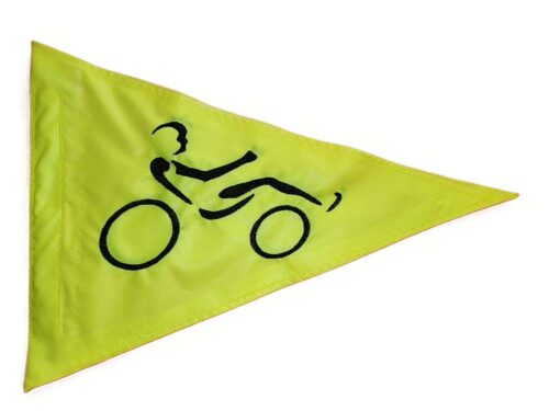 Road cyclist safety flag with embroidered black bicycle racer on lime squeeze nylon pennant with whip sleeve
