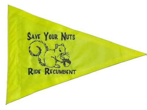 Save Your Nuts Ride Recumbent safety flag with embroidered black squirrel holding acorn on lime squeeze nylon pennant with whip sleeve