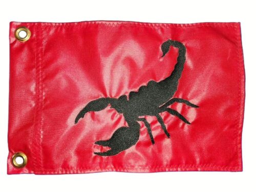 Scorpion safety flag with dense embroidered black scorpion silhouette on vibrant red nylon rectangle with solid brass grommets