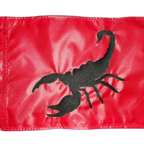 Scorpion safety flag with dense embroidered black scorpion silhouette on vibrant red nylon rectangle with solid brass grommets