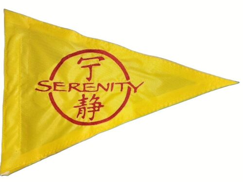 Serenity Firefly safety flag with dense embroidered circular emblem and Chinese characters on nylon pennant with whip sleeve
