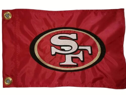 Close up of high density embroidery on San Francisco 49ers safety flag