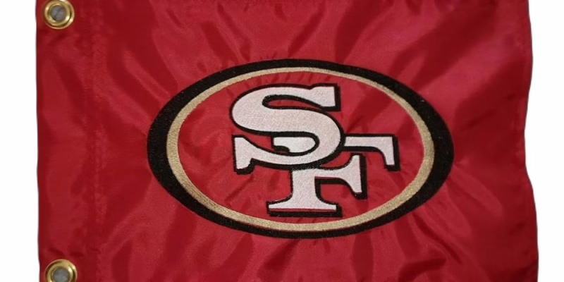 Close up of high density embroidery on San Francisco 49ers safety flag