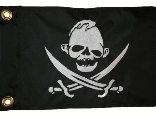 The Goonies Sloth safety flag with dense embroidered silver skull emblem and crossed cutlasses on black nylon rectangle with solid brass grommets