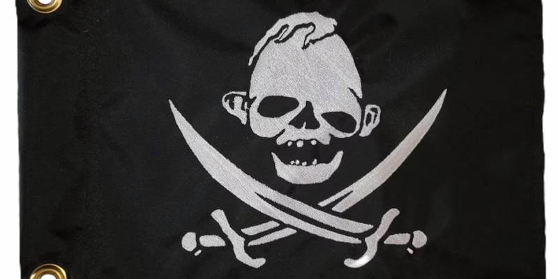 The Goonies Sloth safety flag with dense embroidered silver skull emblem and crossed cutlasses on black nylon rectangle with solid brass grommets