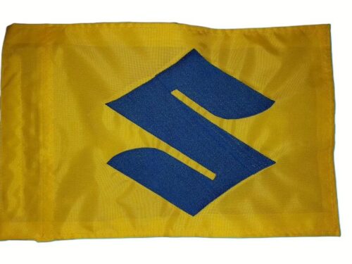 Suzuki S logo safety flag with bright blue embroidered emblem on yellow nylon rectangle with whip sleeve