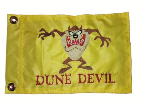 Tasmanian Devil safety flag with dense embroidered fierce cartoon character and Dune Devil text on nylon rectangle with brass grommets