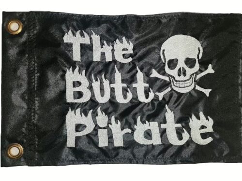 The Butt Pirate safety flag with white embroidered skull and flaming text on black nylon rectangle
