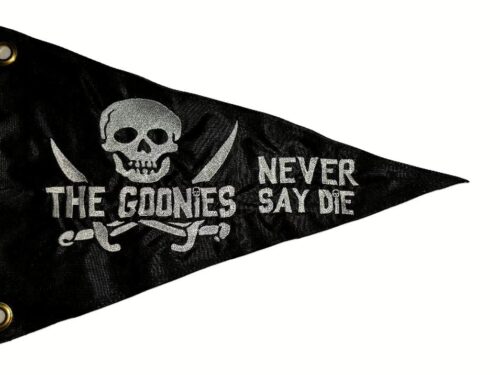 Goonies Never Say Die safety flag with white embroidered skull and crossed swords on black nylon pennant