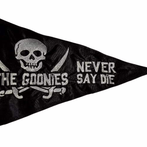 Goonies Never Say Die safety flag with white embroidered skull and crossed swords on black nylon pennant
