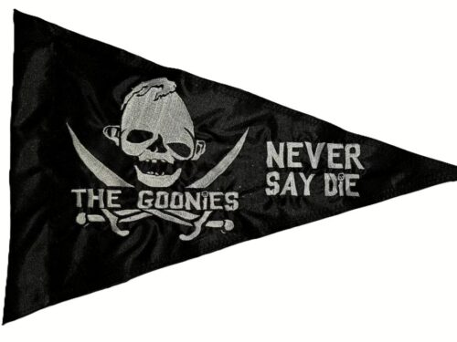 The Goonies Sloth Never Say Die safety flag with dense embroidered silver skull and crossbones and custom text on black nylon pennant with whip sleeve