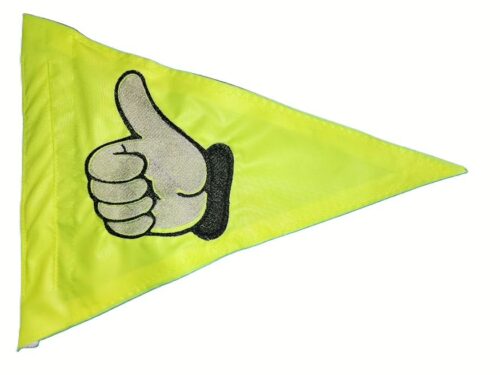 Thumbs up safety flag with dense embroidered white hand and black cuff on lime squeeze nylon pennant with whip sleeve