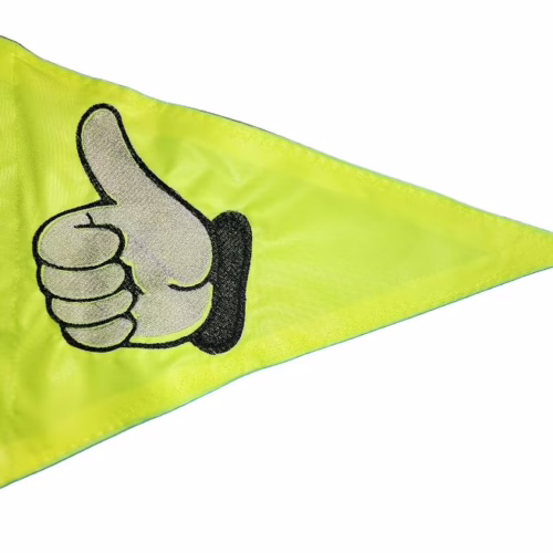 Thumbs up safety flag with dense embroidered white hand and black cuff on lime squeeze nylon pennant with whip sleeve