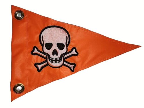 Toxic skull safety flag with dense embroidered white skull and crossbones graphic on orange nylon pennant with solid brass grommets