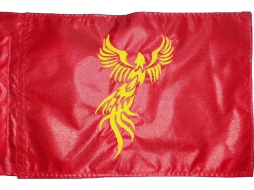 Tribal Phoenix safety flag with dense embroidered rising firebird silhouette on nylon rectangle with whip sleeve