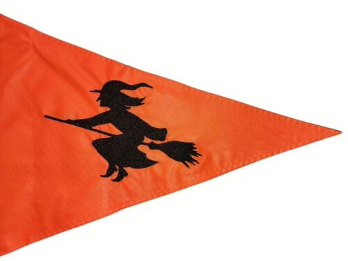 Flying Witch Halloween safety flag with dense embroidered witch on broomstick silhouette on nylon pennant with whip sleeve