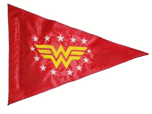 Wonder Woman logo safety flag with dense embroidered winged WW emblem and stars on nylon pennant with whip sleeve