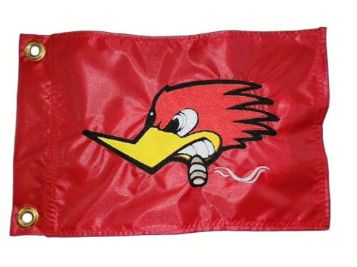 Mr Horsepower cigar smoking safety flag with dense embroidered desert bird and cigar on red nylon rectangle with brass grommets