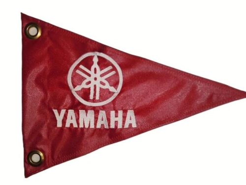 Yamaha safety flag with double sided silver embroidered tuning fork logo on red nylon pennant