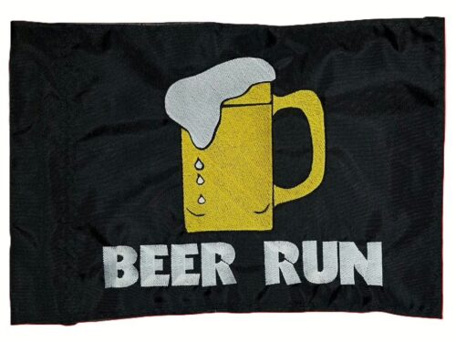 Beer Run safety flag with dense embroidered yellow beer mug and white text on black nylon rectangle with whip sleeve