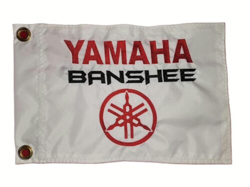 Yamaha Banshee safety flag with embroidered red Yamaha text, black Banshee lettering, and red tuning forks emblem on white nylon rectangle with brass grommets