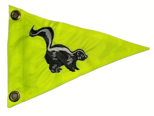 Skunk safety flag with dense embroidered black and grey skunk on Lime Squeeze nylon pennant with solid brass grommets
