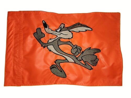 Wile E. Coyote running safety flag with dense embroidered full body cartoon character on nylon rectangle with whip sleeve