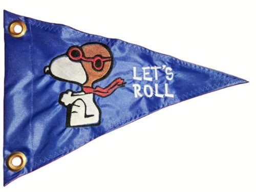 Flying Ace Snoopy safety flag with embroidered aviator dog on royal blue nylon pennant with brass grommets