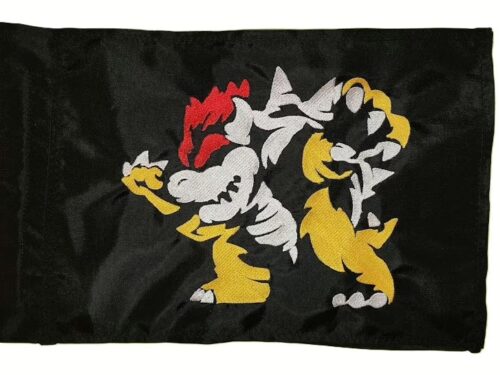 King Bowser safety flag with red white and gold embroidered full body Bowser on black nylon rectangle with whip sleeve