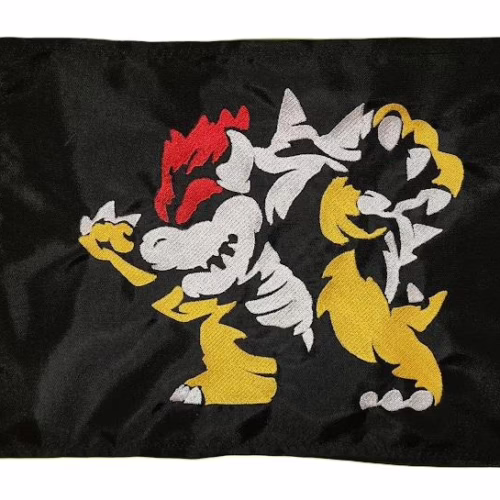 King Bowser safety flag with red white and gold embroidered full body Bowser on black nylon rectangle with whip sleeve