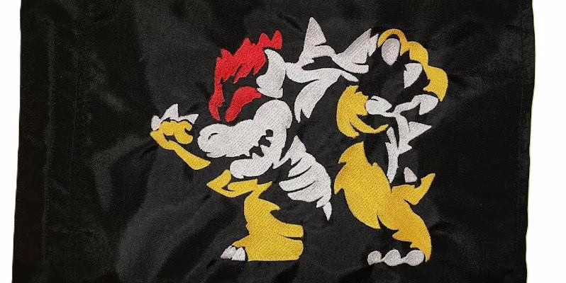 King Bowser safety flag with red white and gold embroidered full body Bowser on black nylon rectangle with whip sleeve