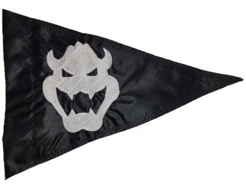 Bowser safety flag with silver embroidered Bowser skull face emblem on black nylon pennant with whip sleeve