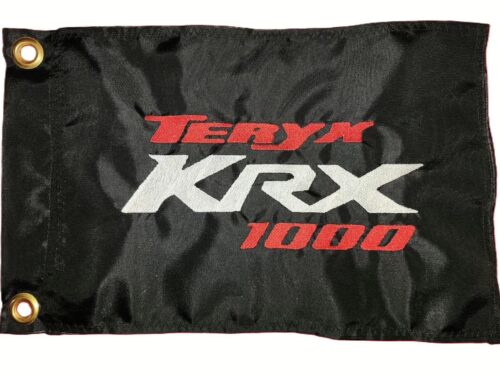Kawasaki Teryx KRX 1000 safety flag with embroidered red and white logos on black nylon rectangle with brass grommets
