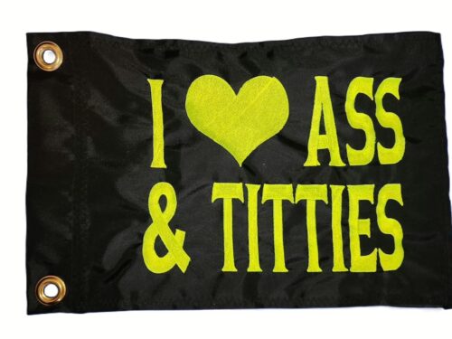 I Heart Ass and Titties safety flag with lime squeeze green embroidered heart and block lettering on black nylon rectangle