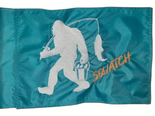 Squatch fishing safety flag with embroidered white Bigfoot carrying fish pole and bucket on teal nylon rectangle with whip sleeve