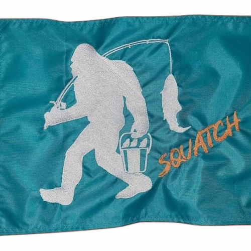 Squatch fishing safety flag with embroidered white Bigfoot carrying fish pole and bucket on teal nylon rectangle with whip sleeve