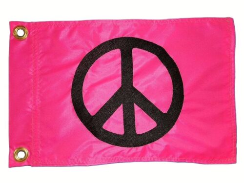 Peace Sign safety flag with bold black embroidered peace symbol on hot pink nylon rectangle