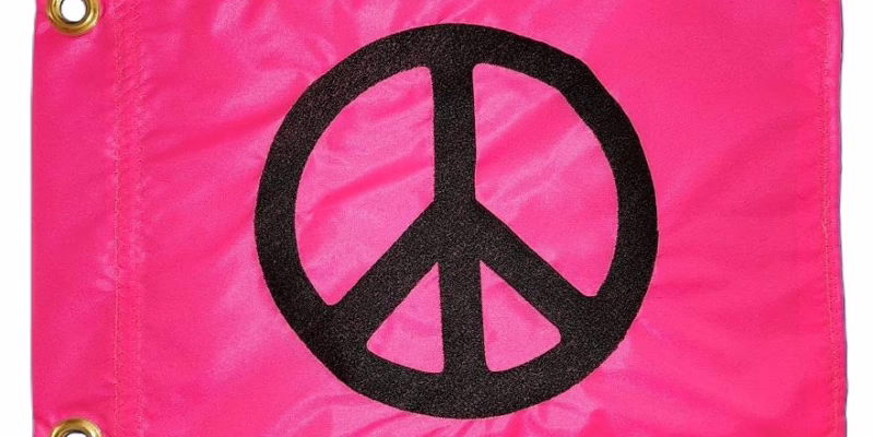 Peace Sign safety flag with bold black embroidered peace symbol on hot pink nylon rectangle