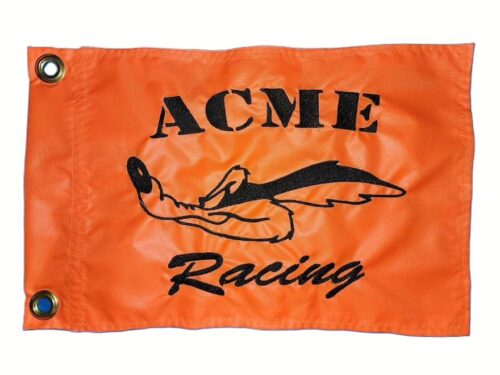 Acme Racing Wile E Coyote safety flag with dense embroidered sprinting coyote and typography on nylon rectangle with brass grommets
