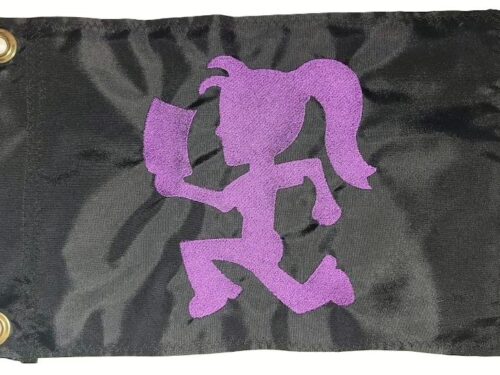 Hatchet girl safety flag with dense embroidered running ponytail silhouette on nylon rectangle with brass grommets