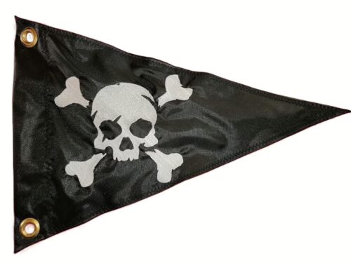 One-eyed pirate safety flag with dense embroidered white skull wearing an eyepatch and crossbones graphic on black nylon pennant with solid brass grommets