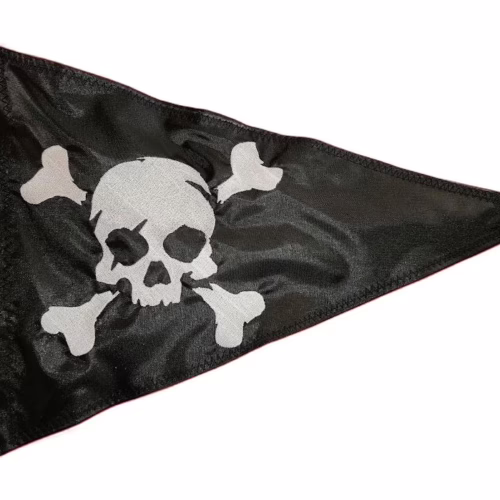 One-eyed pirate safety flag with dense embroidered white skull wearing an eyepatch and crossbones graphic on black nylon pennant with solid brass grommets