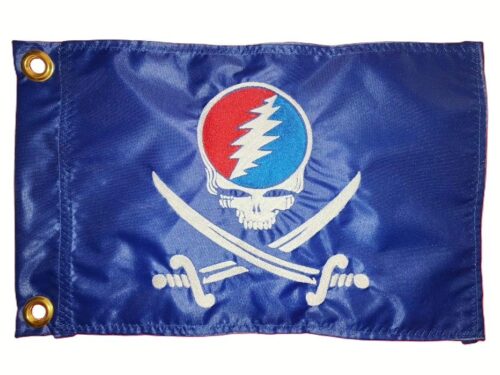 Steal Your Face Pirate safety flag with red and blue embroidered lightning bolt skull and crossed swords on royal blue nylon rectangle with brass grommets