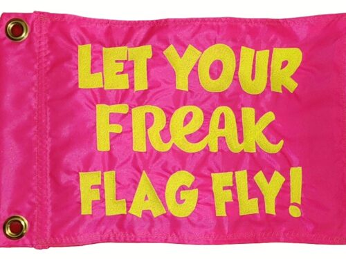 Let your freak flag fly safety flag made by Devil Woman Flags with dense embroidered yellow "LET YOUR FREAK FLAG FLY!" text graphic on pink nylon rectangle with solid brass grommets
