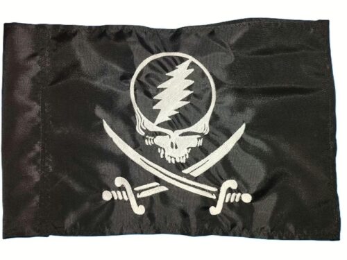 Grateful Dead pirate safety flag with embroidered Steal Your Face skull and crossed cutlasses on black nylon rectangle with whip sleeve