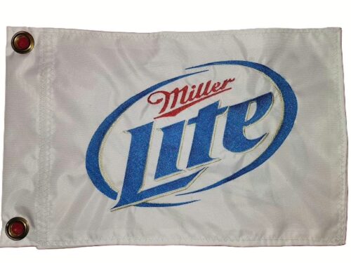 Miller Lite safety flag with dense embroidered blue and red logo on white nylon rectangle with solid brass grommets